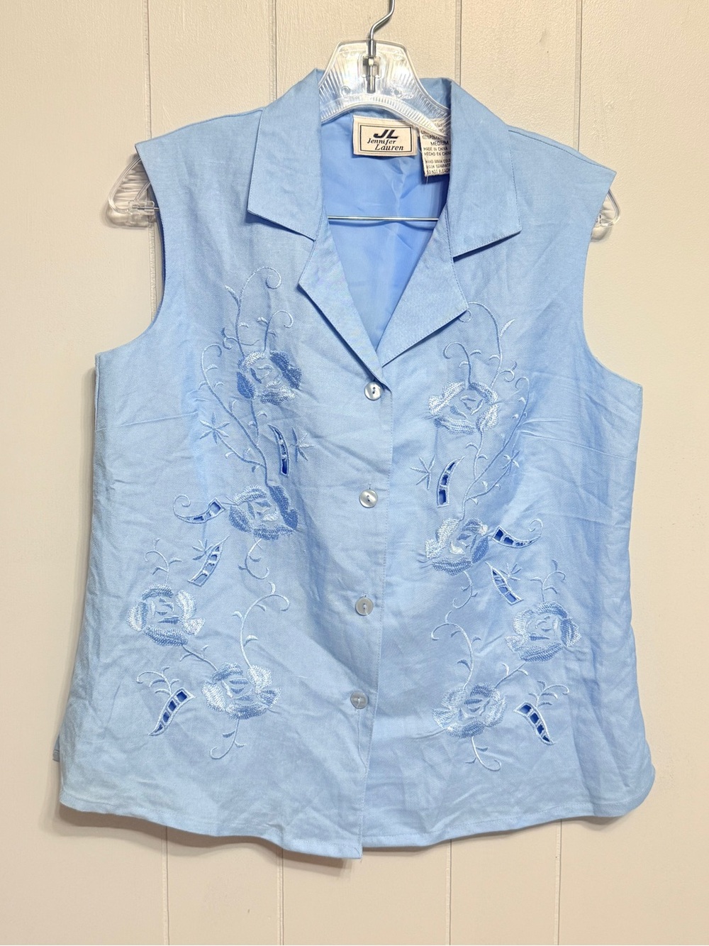 #19)  JL Lauren Light Blue Sleeveless Embroidered Button Front Blouse